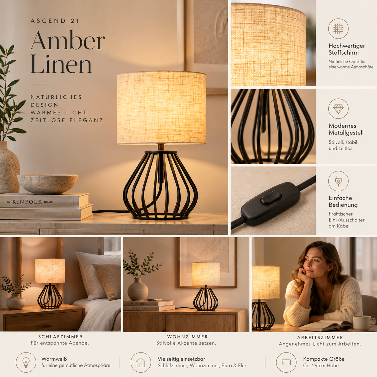 ASCEND 21 Amber Linen Tischlampe – Moderne Nachttischlampe mit Stoffschirm & schwarzem Metallgestell – Vintage Design Tischleuchte 29 cm für Schlafzimmer, Wohnzimmer & Büro – Warmweiß