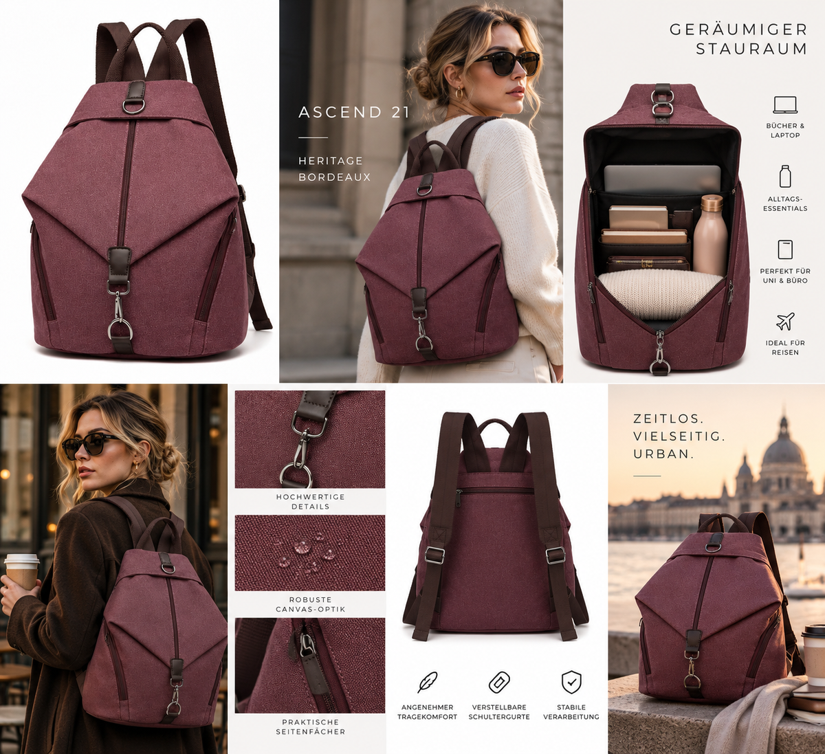 ASCEND 21 Heritage Bordeaux – Vintage Rucksack Damen & Herren – Moderner Canvas Rucksack mit Reißverschluss – Eleganter City Rucksack für Alltag, Uni, Freizeit & Reisen – 38 x 31 x 16 cm