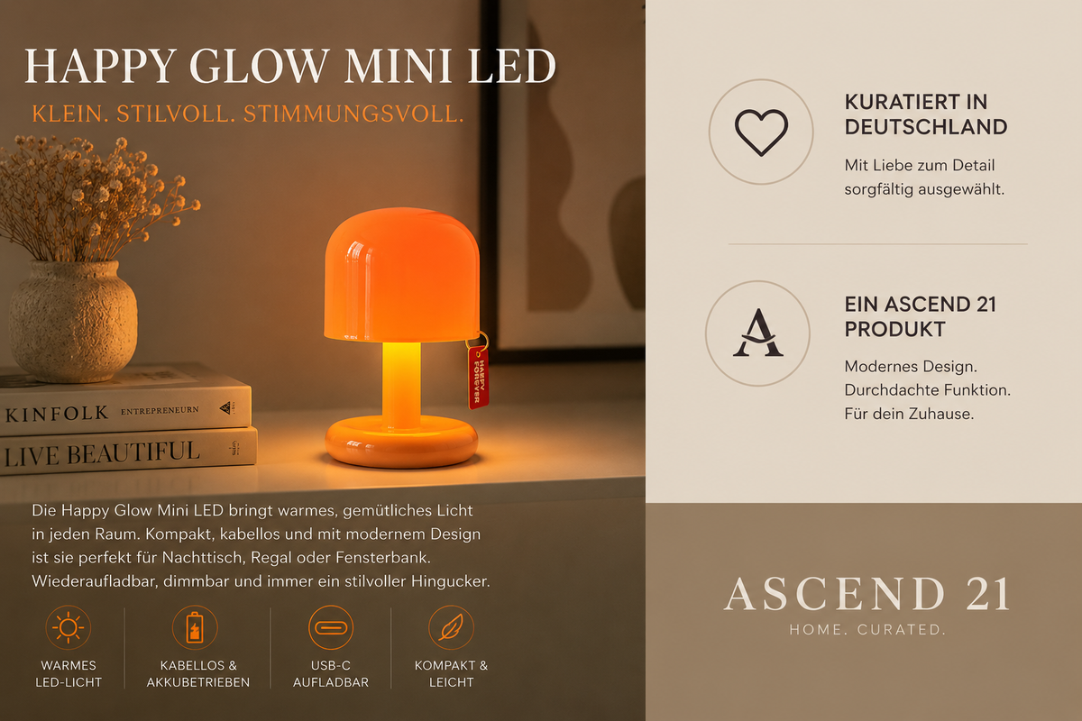 ASCEND 21 Happy Glow Mini LED Tischlampe Orange – Moderne Retro Pilzlampe für Schlafzimmer, Wohnzimmer & Fensterbank – Cozy Mood Light im Design Look