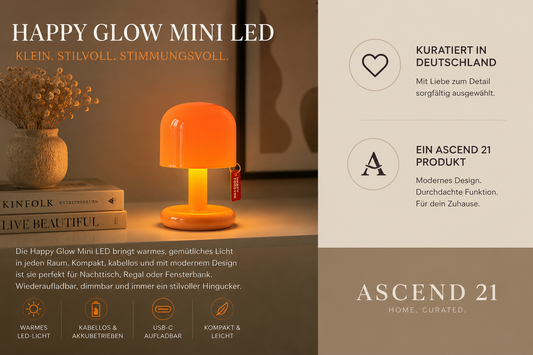 ASCEND 21 Happy Glow Mini LED Tischlampe Orange – Moderne Retro Pilzlampe für Schlafzimmer, Wohnzimmer & Fensterbank – Cozy Mood Light im Design Look