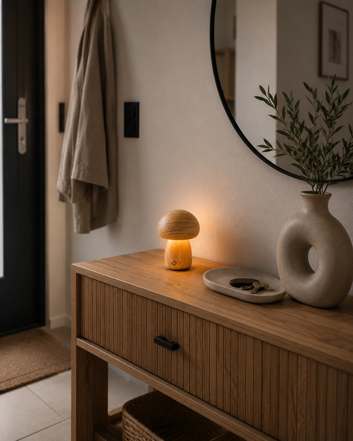 Wooden Mushroom Design Tischlampe aus Echtholz – Moderne Pilzlampe mit warmem Ambientelicht – Stilvolle Holzlampe für Wohnzimmer, Schlafzimmer & Schreibtisch