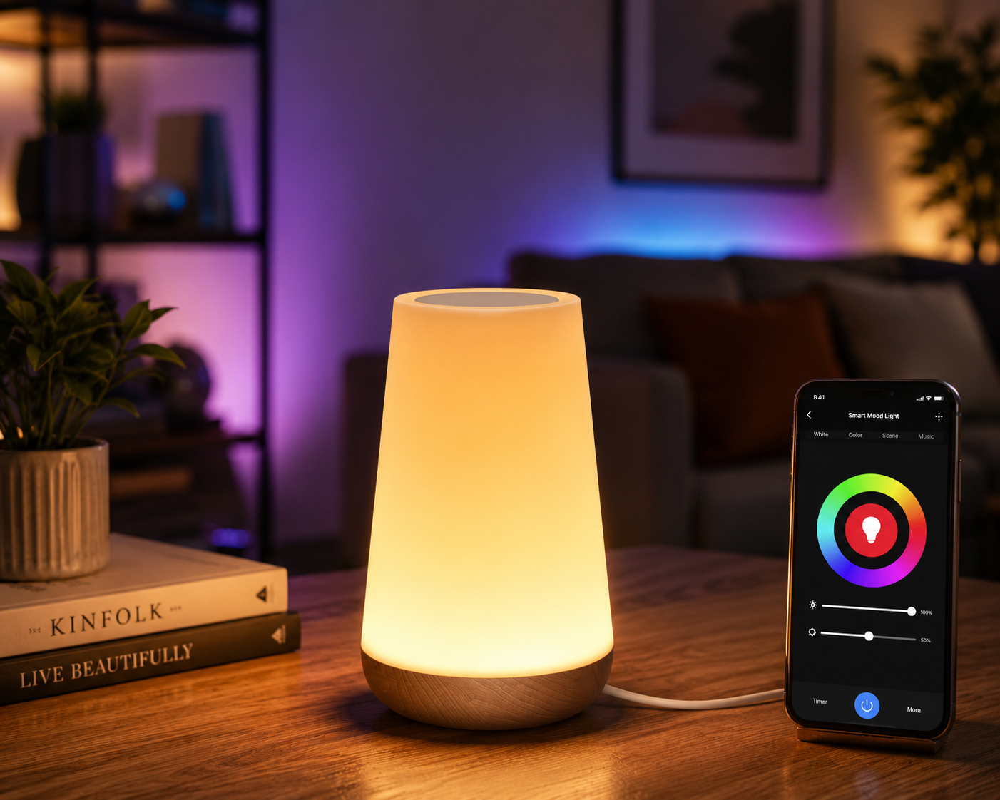 LUMORA SMART WLAN Tischlampe mit Alexa & Google Home – Dimmbare LED-Nachttischlampe mit App-Steuerung, RGB-Farben, Touch-Bedienung, Timer und Szenenmodi