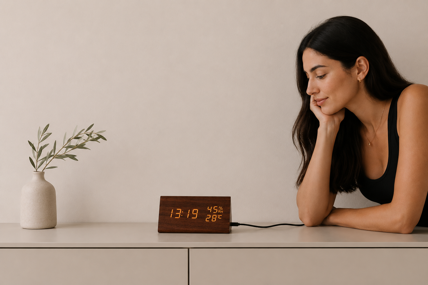 ASCEND 21 Nordic Time – Digitale LED Tischuhr in Holzoptik – Wecker mit Temperatur- & Luftfeuchtigkeitsanzeige – Modernes Design für Schreibtisch, Nachttisch & Büro – Sprachsteuerung & USB-Betrieb
