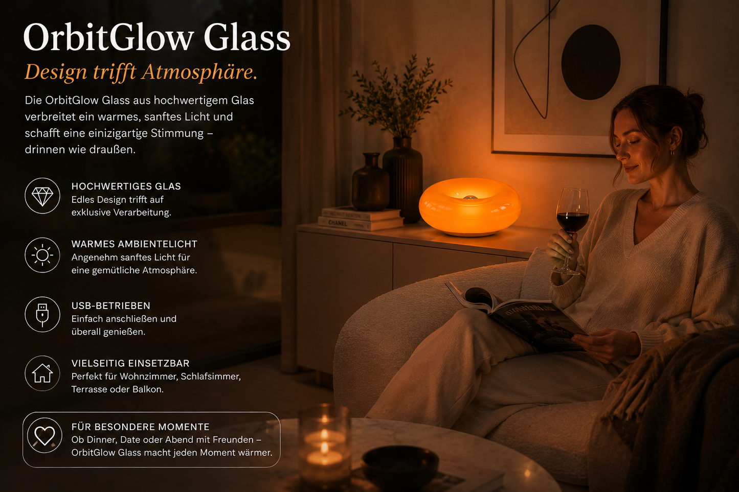 ASCEND 21 OrbitGlow Glass – Design LED Tischlampe aus Glas – Futuristische Space-Age Leuchte mit warmem Ambientelicht – USB-Lampe für Wohnzimmer, Schlafzimmer & Homeoffice