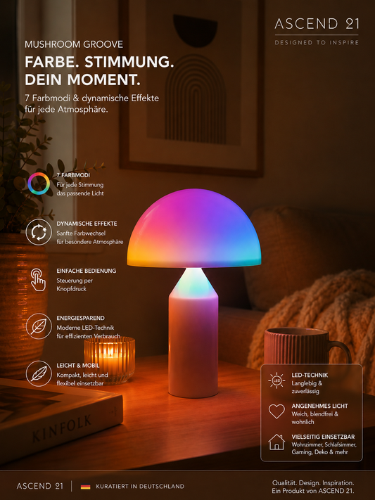 ASCEND21 Mushroom Groove Pilzlampe – Bunte LED Tischlampe mit 7 Farbmodi & Lichteffekten – Dekorative Retro Tischleuchte für Wohnzimmer, Schlafzimmer, Gaming Zimmer & Sommer Deko