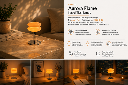 Aurora Flame - Tischlampe - Chromfuß & Kabel – Retro Look