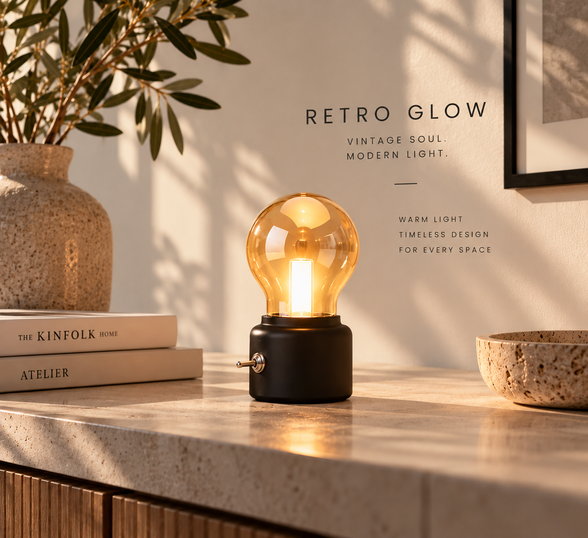 ASCEND 21 Retro Glow Black – LED Tischlampe im Vintage Design – Dekorative Nachttischlampe mit warmem Licht & Kippschalter – Kleine Retro Tischleuchte in Glühbirnen-Optik für Schlafzimmer, Wohnzimmer & Schreibtisch – Schwarz, 11 cm