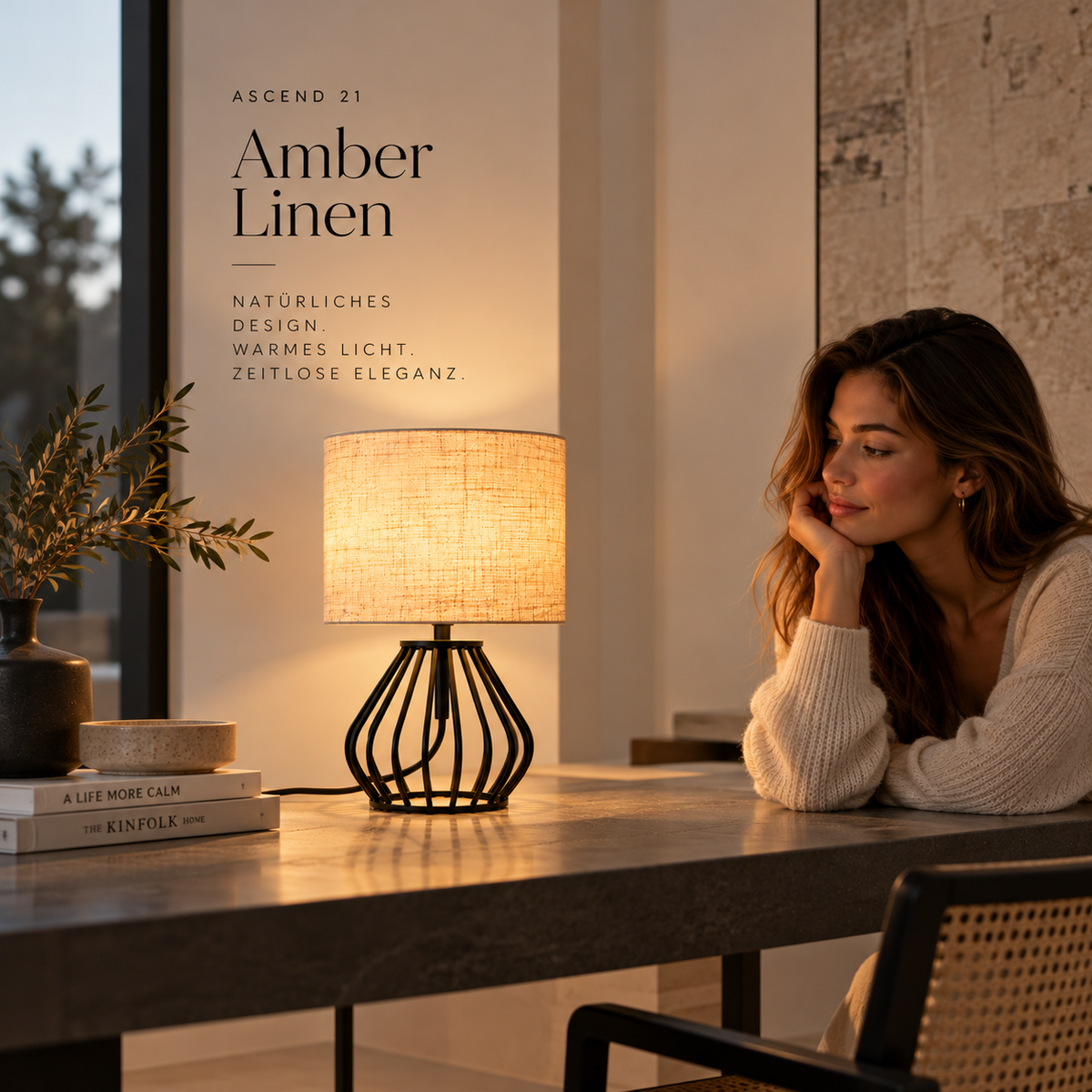 ASCEND 21 Amber Linen Tischlampe – Moderne Nachttischlampe mit Stoffschirm & schwarzem Metallgestell – Vintage Design Tischleuchte 29 cm für Schlafzimmer, Wohnzimmer & Büro – Warmweiß