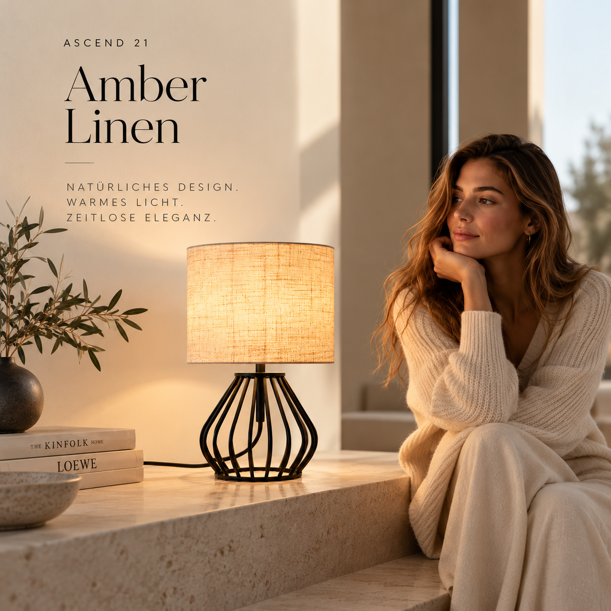 ASCEND 21 Amber Linen Tischlampe – Moderne Nachttischlampe mit Stoffschirm & schwarzem Metallgestell – Vintage Design Tischleuchte 29 cm für Schlafzimmer, Wohnzimmer & Büro – Warmweiß