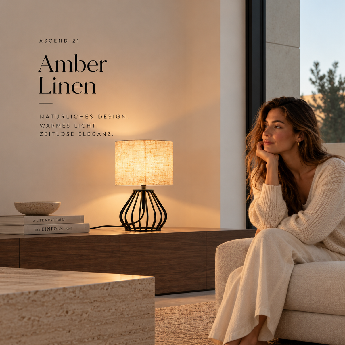 ASCEND 21 Amber Linen Tischlampe – Moderne Nachttischlampe mit Stoffschirm & schwarzem Metallgestell – Vintage Design Tischleuchte 29 cm für Schlafzimmer, Wohnzimmer & Büro – Warmweiß