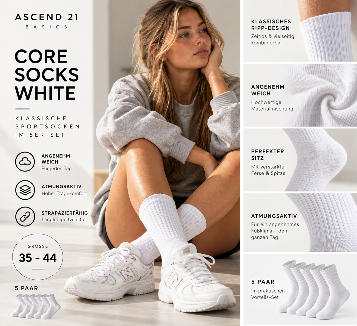 ASCEND 21 Core Socks White – Klassische weiße Sportsocken im 5er-Set