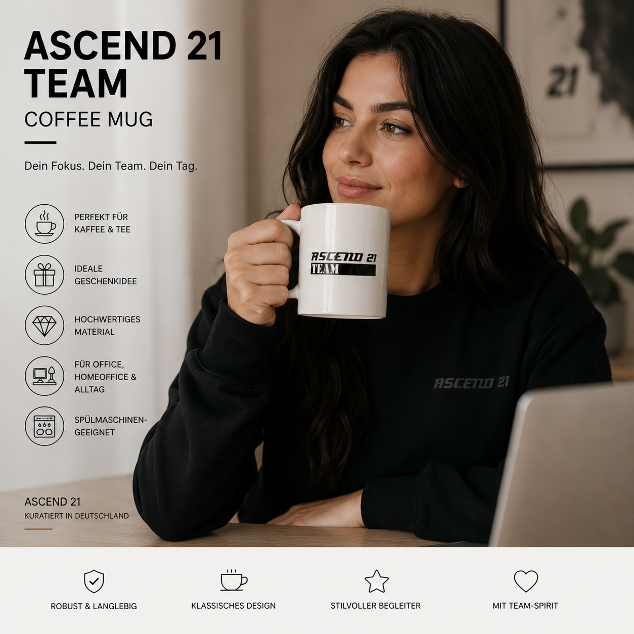 ASCEND 21 TEAM Coffee Mug – Keramik Kaffeetasse mit Logo Design | Moderner Becher für Kaffee & Tee | Bürotasse für Home Office, Arbeitsplatz & Alltag | Geschenkidee