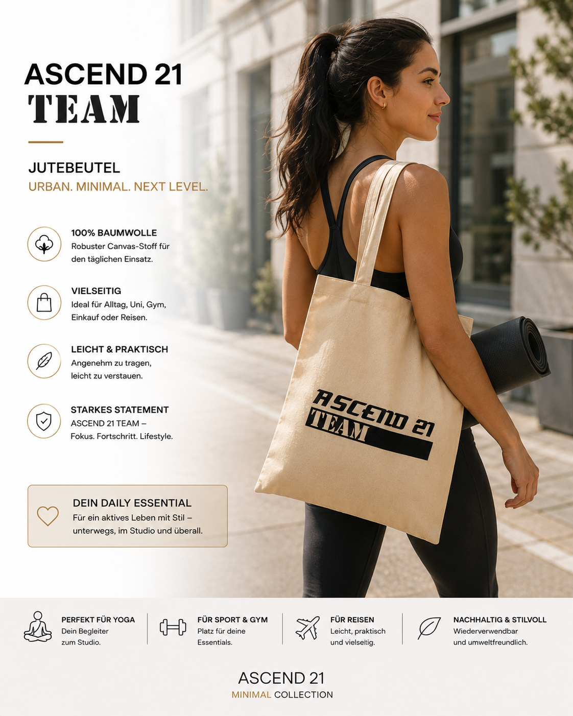 ASCEND 21 TEAM Jutebeutel – Urban Canvas Bag aus Baumwolle mit Statement-Print | Stoffbeutel & Shopper für Alltag, Uni, Gym & Reisen | leichte Tragetasche im minimalistischen Design