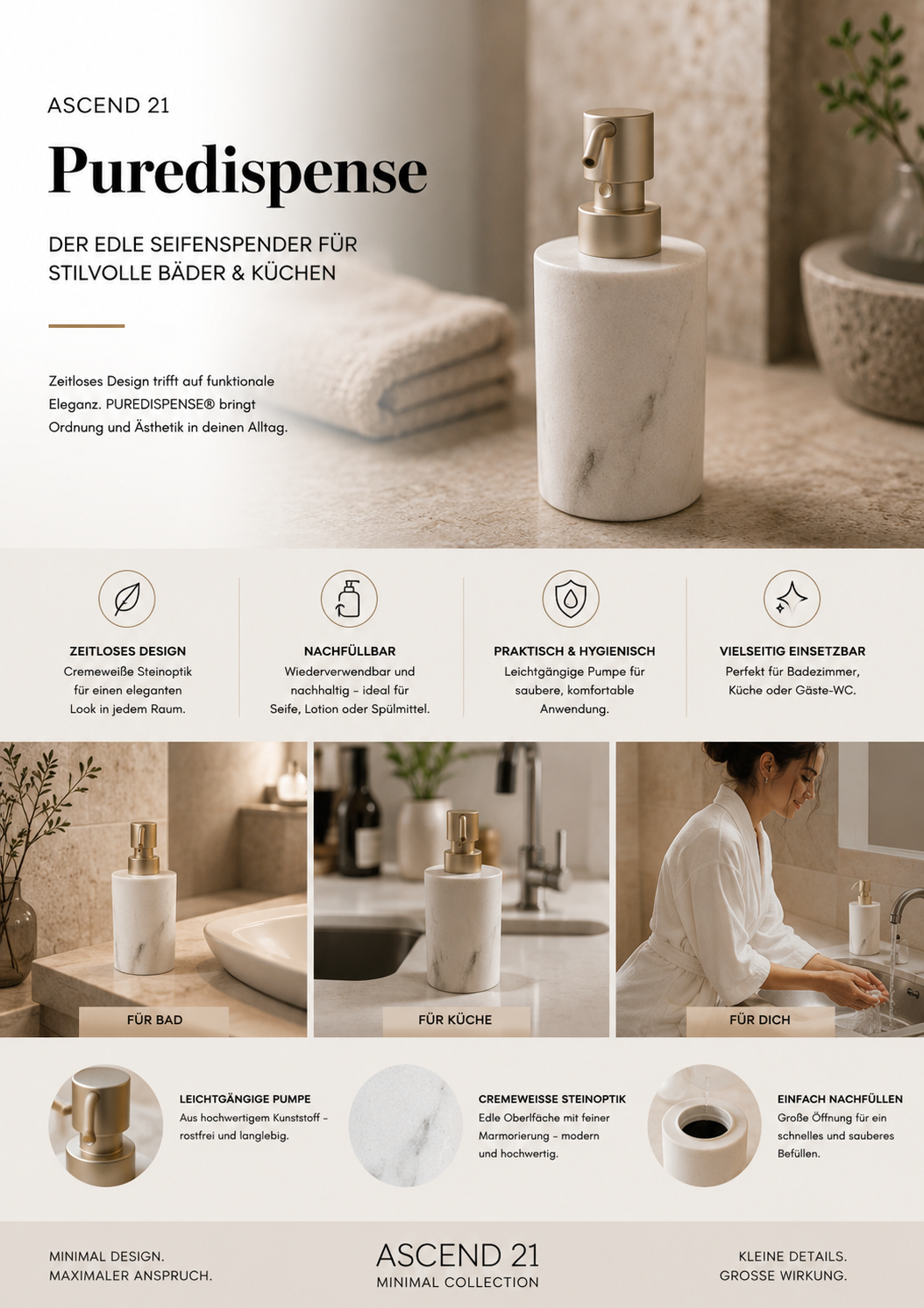 ASCEND 21 PureDispense™ Seifenspender Cremeweiß – Eleganter Flüssigseifenspender in Steinoptik | nachfüllbarer Spender für Bad & Küche | moderner Seifenbehälter mit Pumpspender | Minimal Design
