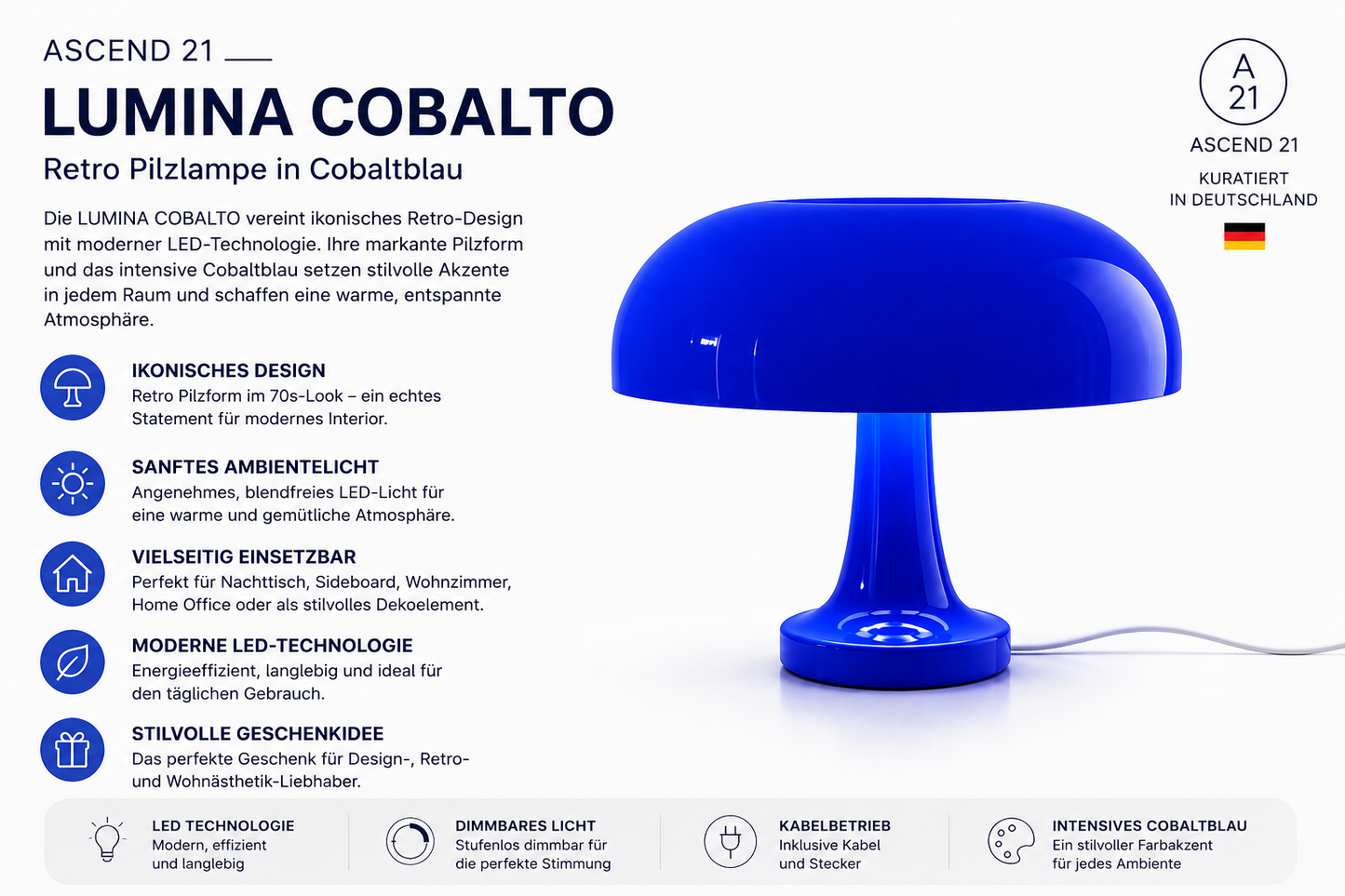 LUMINA COBALTO – Ikonisches Lichtdesign in tiefem Cobaltblau
