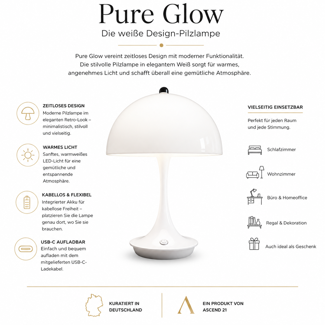 Pure Glow Design Pilzlampe Weiß – Moderne Retro Tischlampe mit warmem Ambientelicht – Stilvolle Nachttischlampe für Wohnzimmer, Schlafzimmer & Home Office