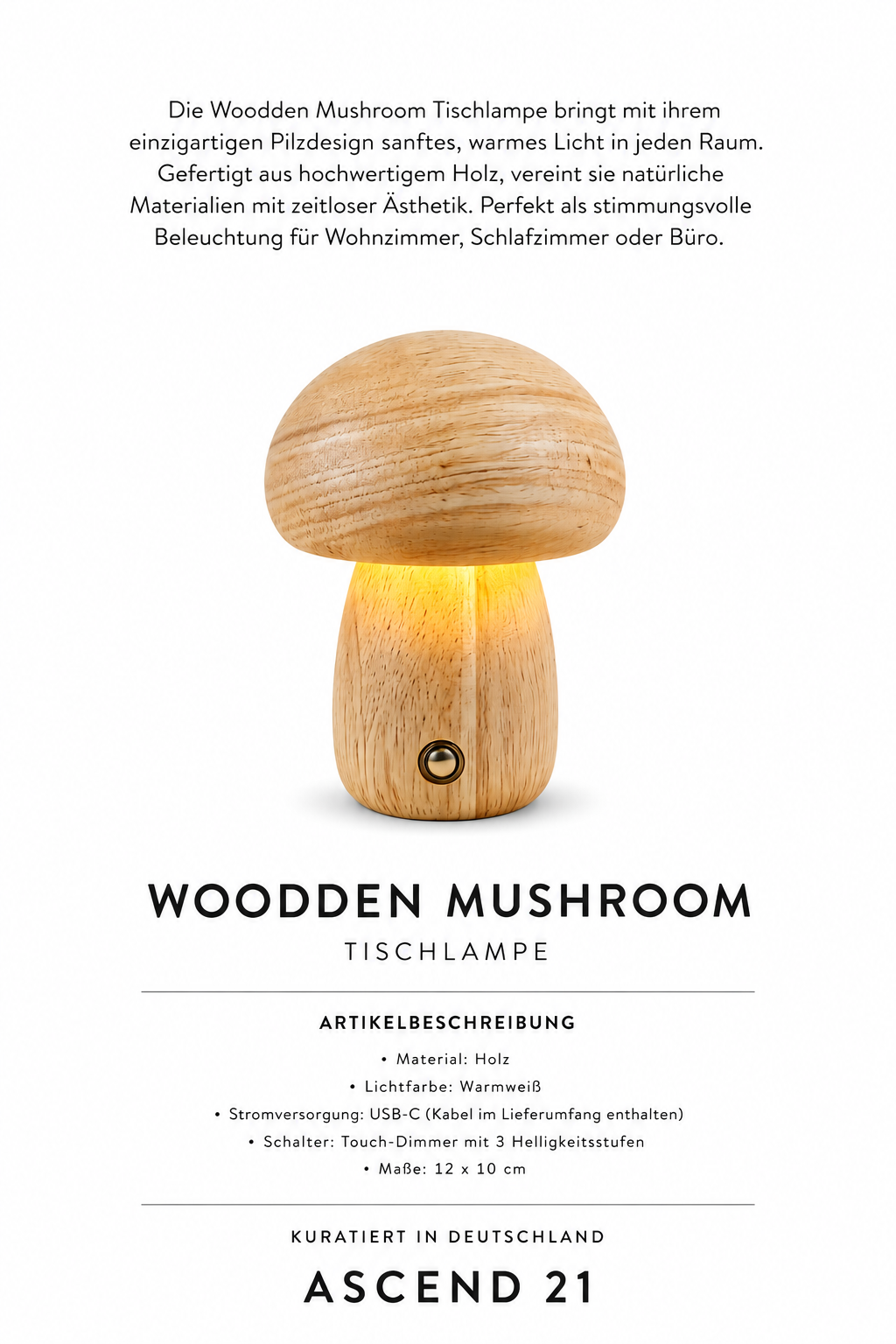 Wooden Mushroom Design Tischlampe aus Echtholz – Moderne Pilzlampe mit warmem Ambientelicht – Stilvolle Holzlampe für Wohnzimmer, Schlafzimmer & Schreibtisch