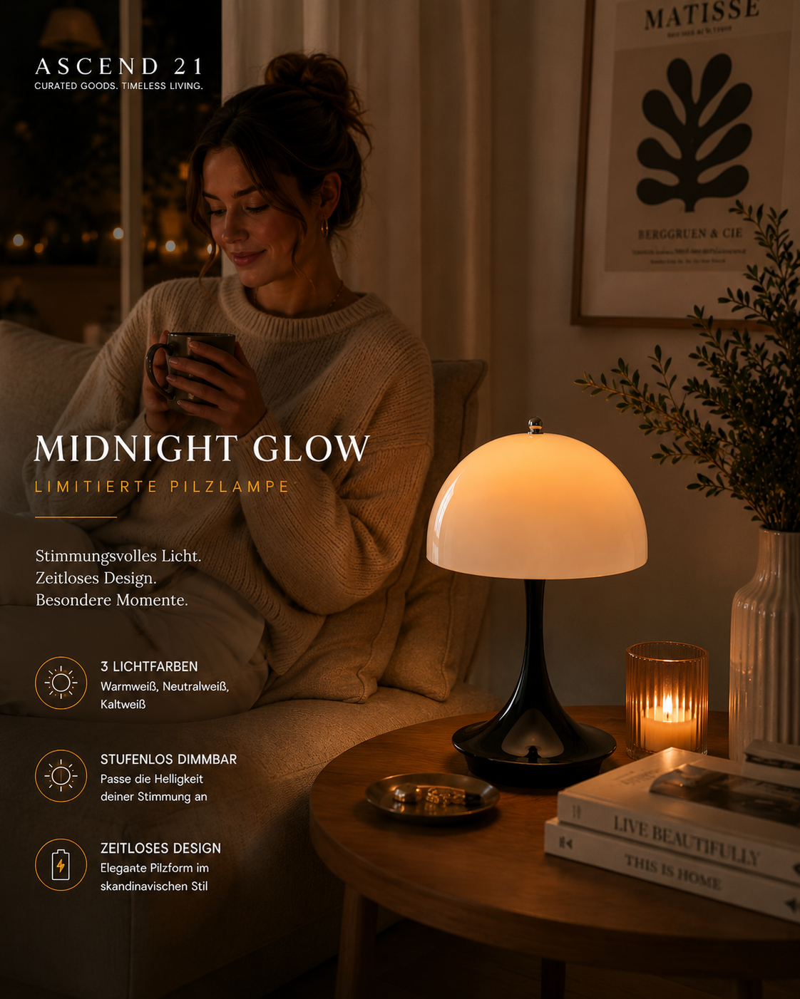 ASCEND 21 Midnight Glow LED Pilzlampe – Dimmbare Design-Tischlampe mit 3 Lichtfarben – Moderne Ambienteleuchte für Wohnzimmer, Schlafzimmer & Homeoffice