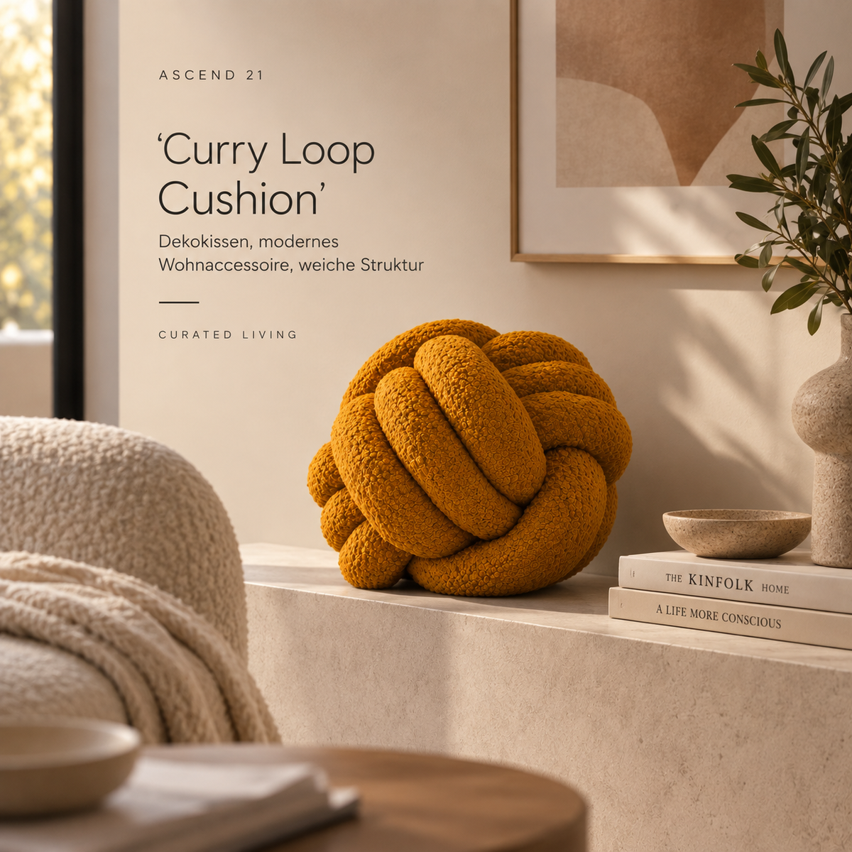 Curryfarbenes Knotenkissen – ASCEND 21 ‘Curry Loop Cushion’ | Dekokissen, modernes Wohnaccessoire, weiche Struktur