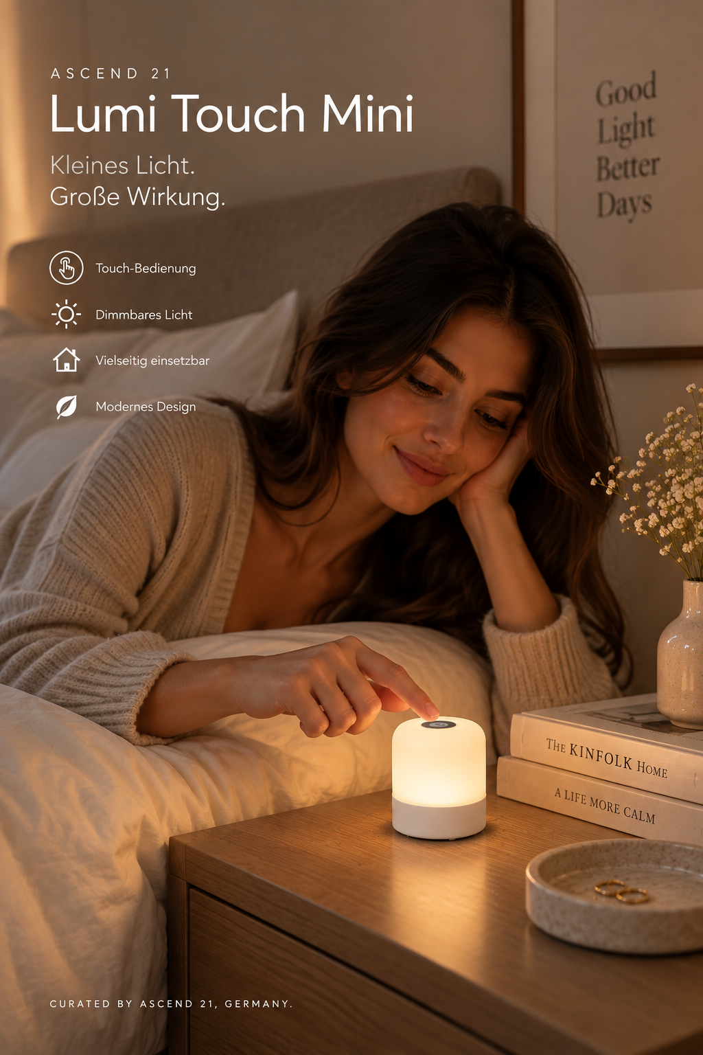 ASCEND 21 Lumi Touch Mini LED Tischlampe Weiß – Dimmbares Nachtlicht mit Touch-Bedienung, moderne Tischleuchte für Schlafzimmer, Nachttisch und Wohnbereich