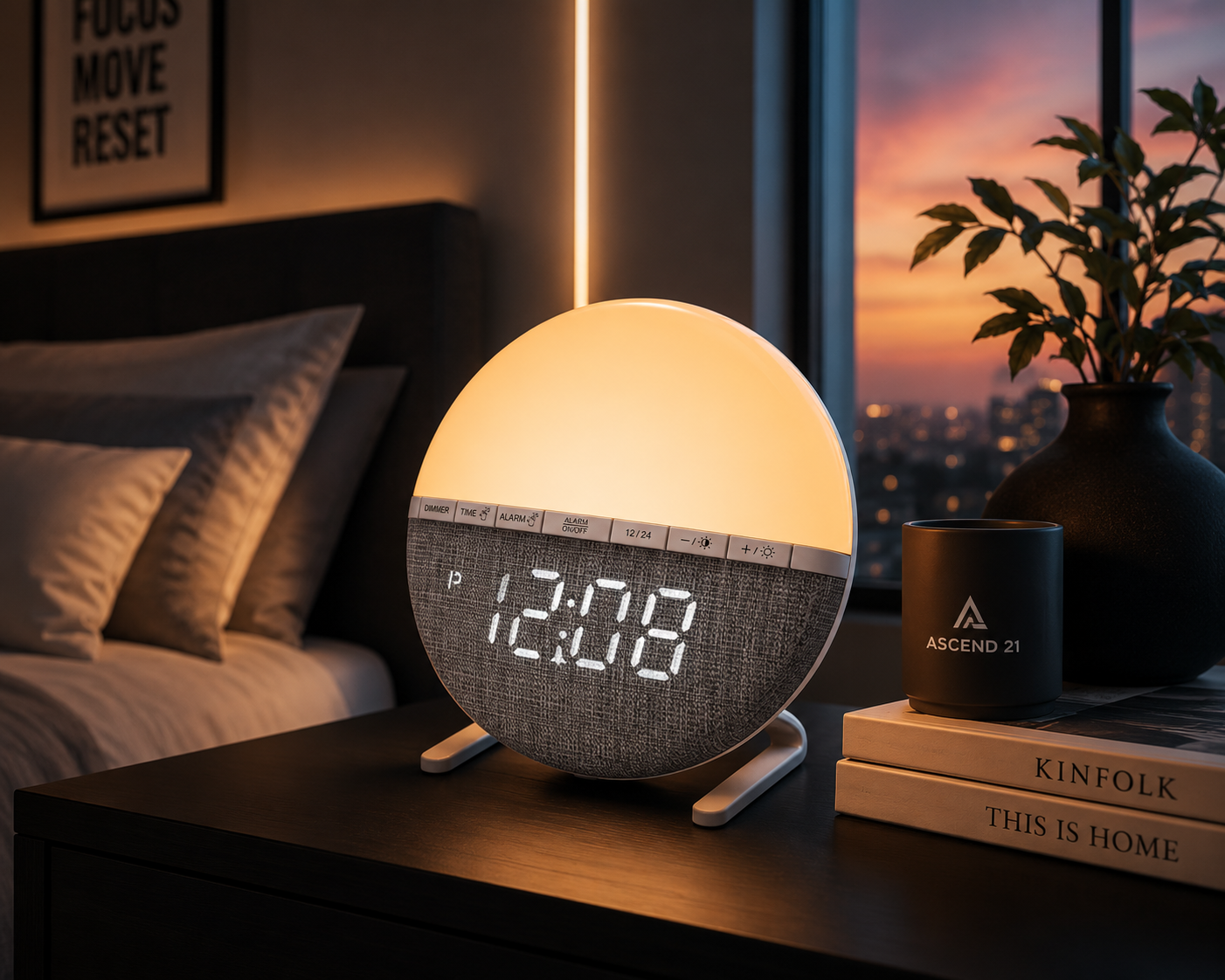 ASCEND 21 AURORA CLOCK™ Lichtwecker mit Digitaluhr – Dimmbare Nachttischlampe mit Weckfunktion & Ambientelicht – Moderne Schlafzimmerlampe im Sunrise Design