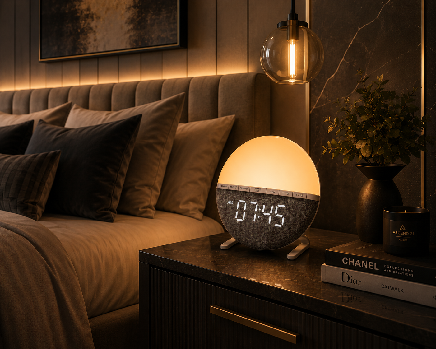 ASCEND 21 AURORA CLOCK™ Lichtwecker mit Digitaluhr – Dimmbare Nachttischlampe mit Weckfunktion & Ambientelicht – Moderne Schlafzimmerlampe im Sunrise Design
