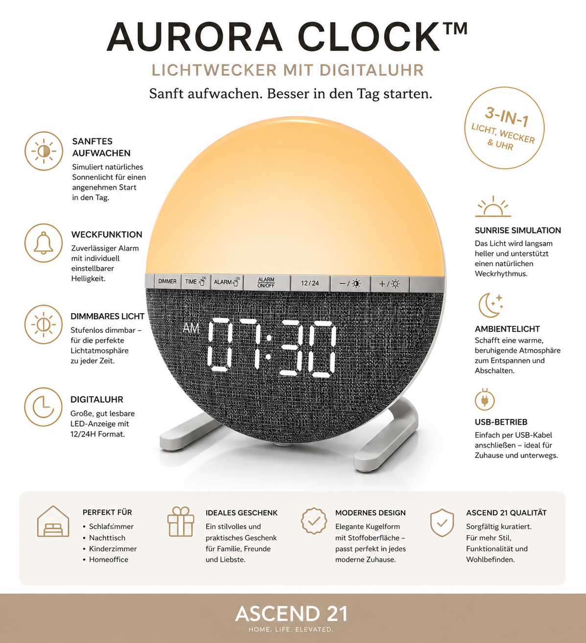 ASCEND 21 AURORA CLOCK™ Lichtwecker mit Digitaluhr – Dimmbare Nachttischlampe mit Weckfunktion & Ambientelicht – Moderne Schlafzimmerlampe im Sunrise Design