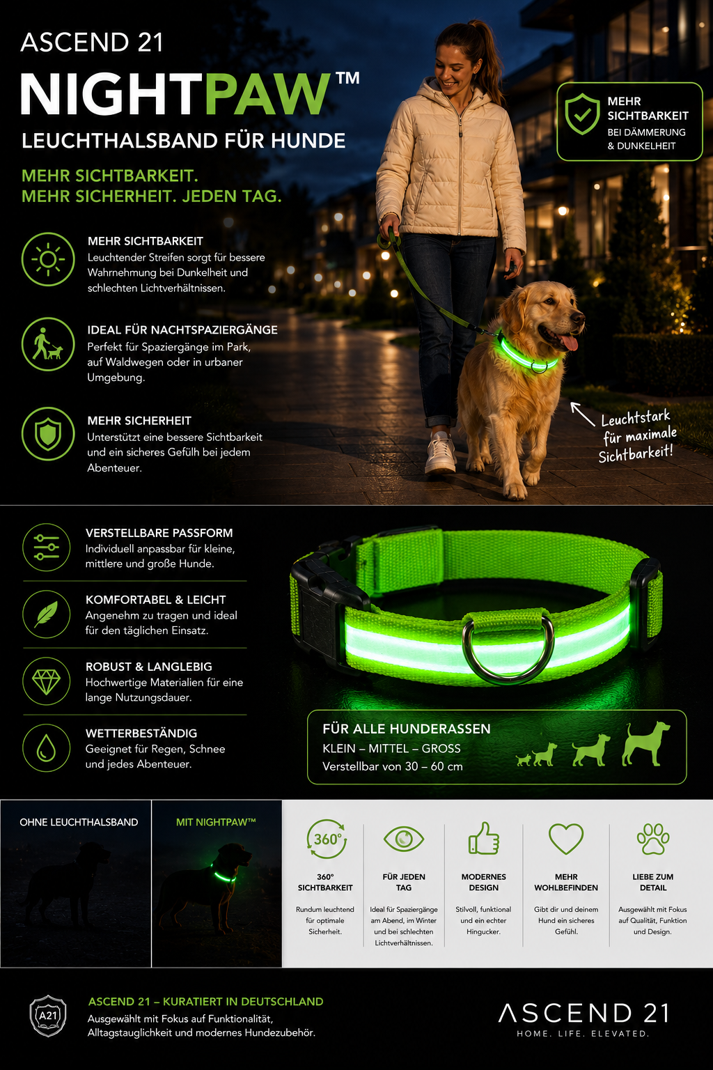 ASCEND 21 NIGHTPAW™ LED Hundehalsband – Leuchtendes Hundehalsband mit USB-Ladefunktion – Reflektierendes Sicherheits-Halsband für Nachtspaziergänge & Outdoor Aktivitäten