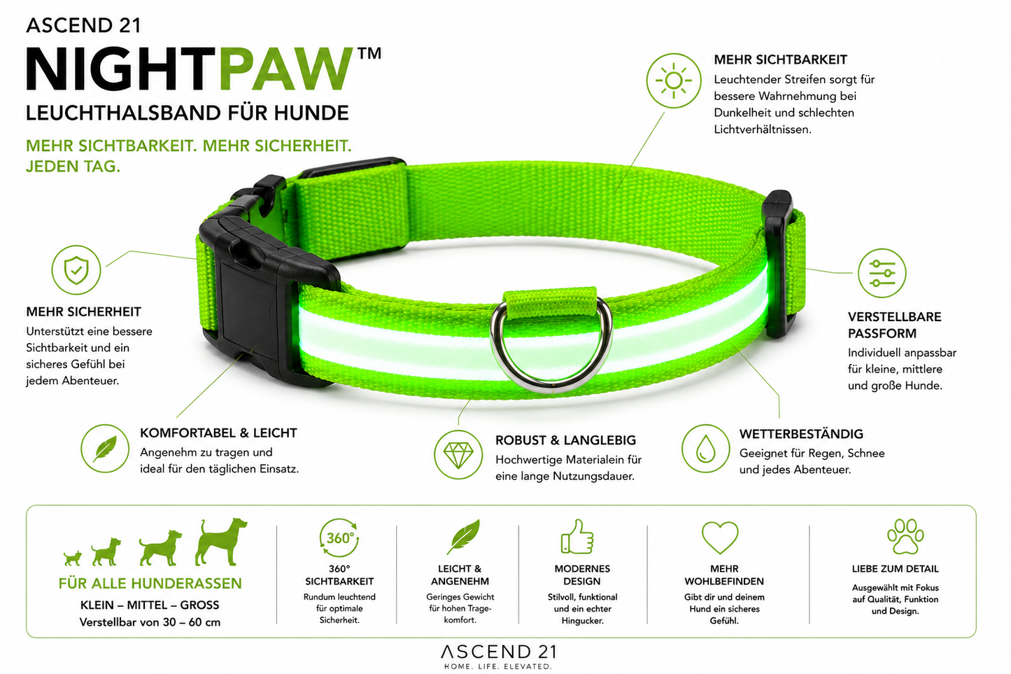 ASCEND 21 NIGHTPAW™ LED Hundehalsband – Leuchtendes Hundehalsband mit USB-Ladefunktion – Reflektierendes Sicherheits-Halsband für Nachtspaziergänge & Outdoor Aktivitäten