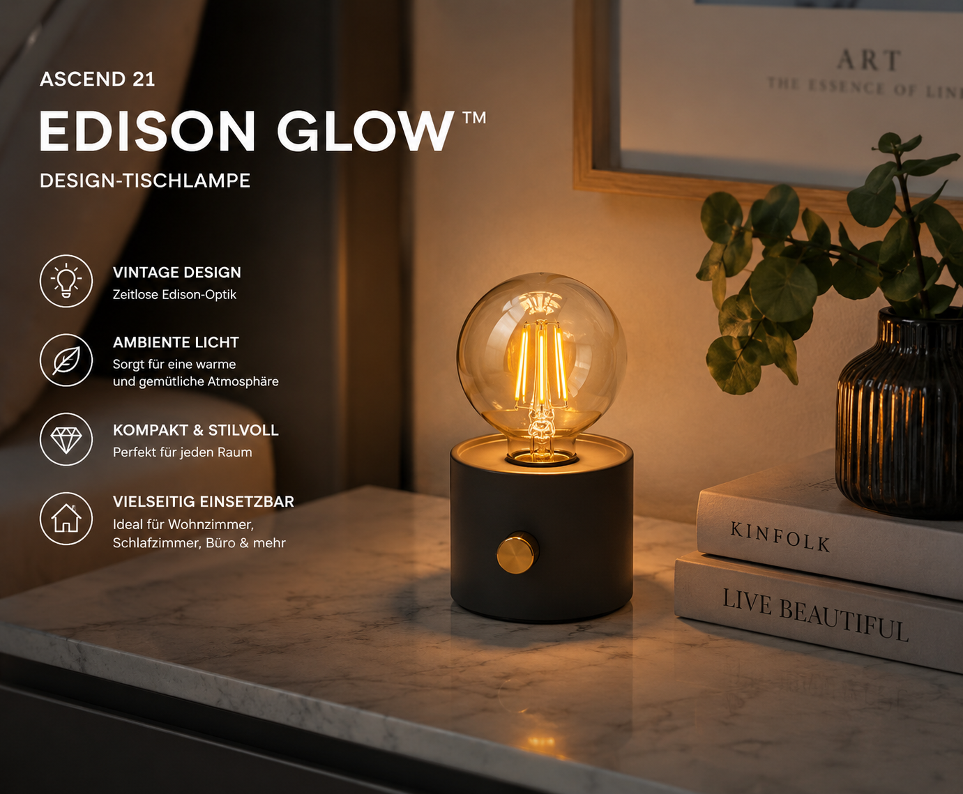 ASCEND 21 EDISON GLOW™ Design-Tischlampe – Vintage Ambienteleuchte im Industrial Look – Dekolampe für Wohnzimmer, Schlafzimmer, Regal & Homeoffice