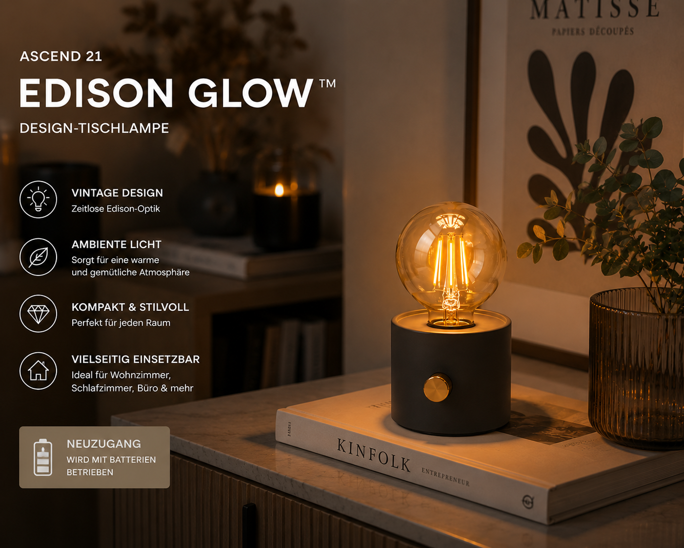 ASCEND 21 EDISON GLOW™ Design-Tischlampe – Vintage Ambienteleuchte im Industrial Look – Dekolampe für Wohnzimmer, Schlafzimmer, Regal & Homeoffice