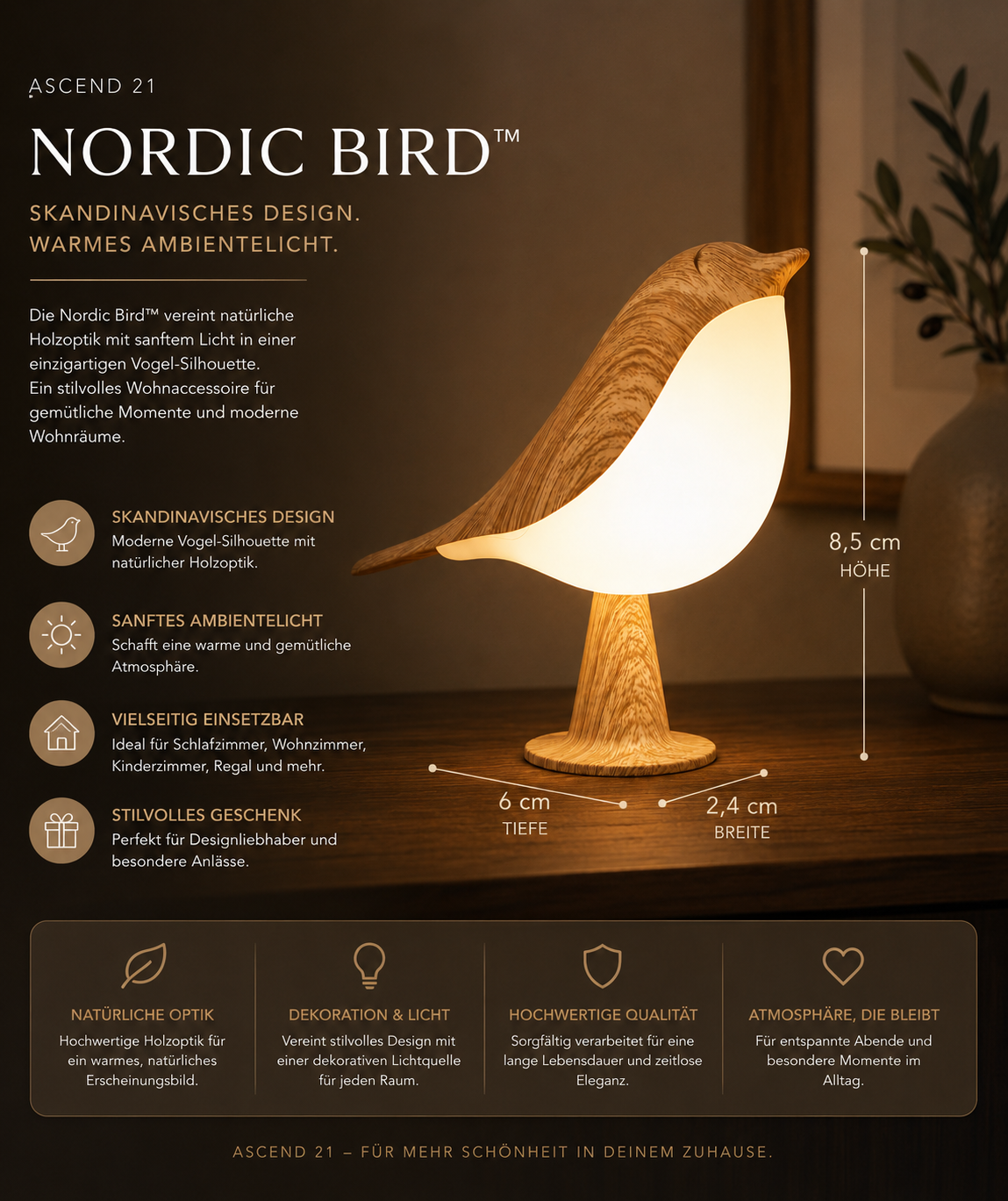 ASCEND 21 NORDIC BIRD™ Designleuchte in Vogeloptik – Skandinavische Tischlampe mit warmem Licht – Dekolampe für Schlafzimmer, Wohnzimmer, Kinderzimmer & Regal