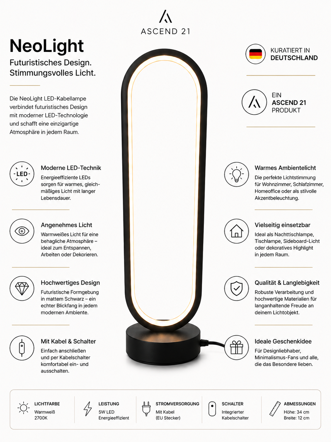 ASCEND 21 NeoLight LED Designlampe Schwarz – Futuristische Tischlampe mit modernem Ambientelicht – Minimalistische Design Leuchte für Wohnzimmer, Schlafzimmer & Homeoffice