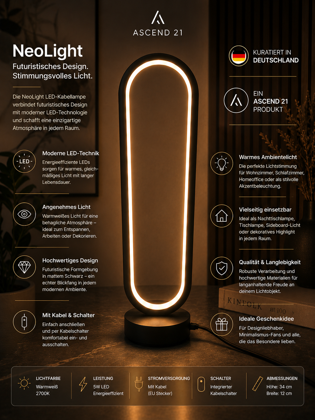 ASCEND 21 NeoLight LED Designlampe Schwarz – Futuristische Tischlampe mit modernem Ambientelicht – Minimalistische Design Leuchte für Wohnzimmer, Schlafzimmer & Homeoffice