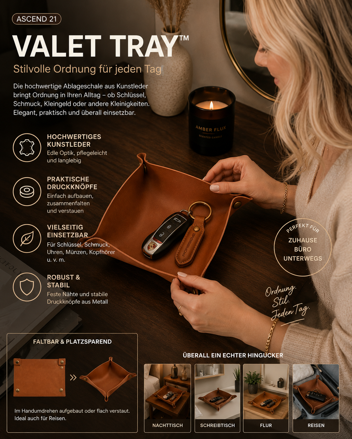 ASCEND 21 VALET TRAY™ Ablageschale aus Kunstleder – Faltbare Organizer-Schale mit Druckknöpfen – Schlüsselablage für Schreibtisch, Nachttisch, Büro & Zuhause – Braun