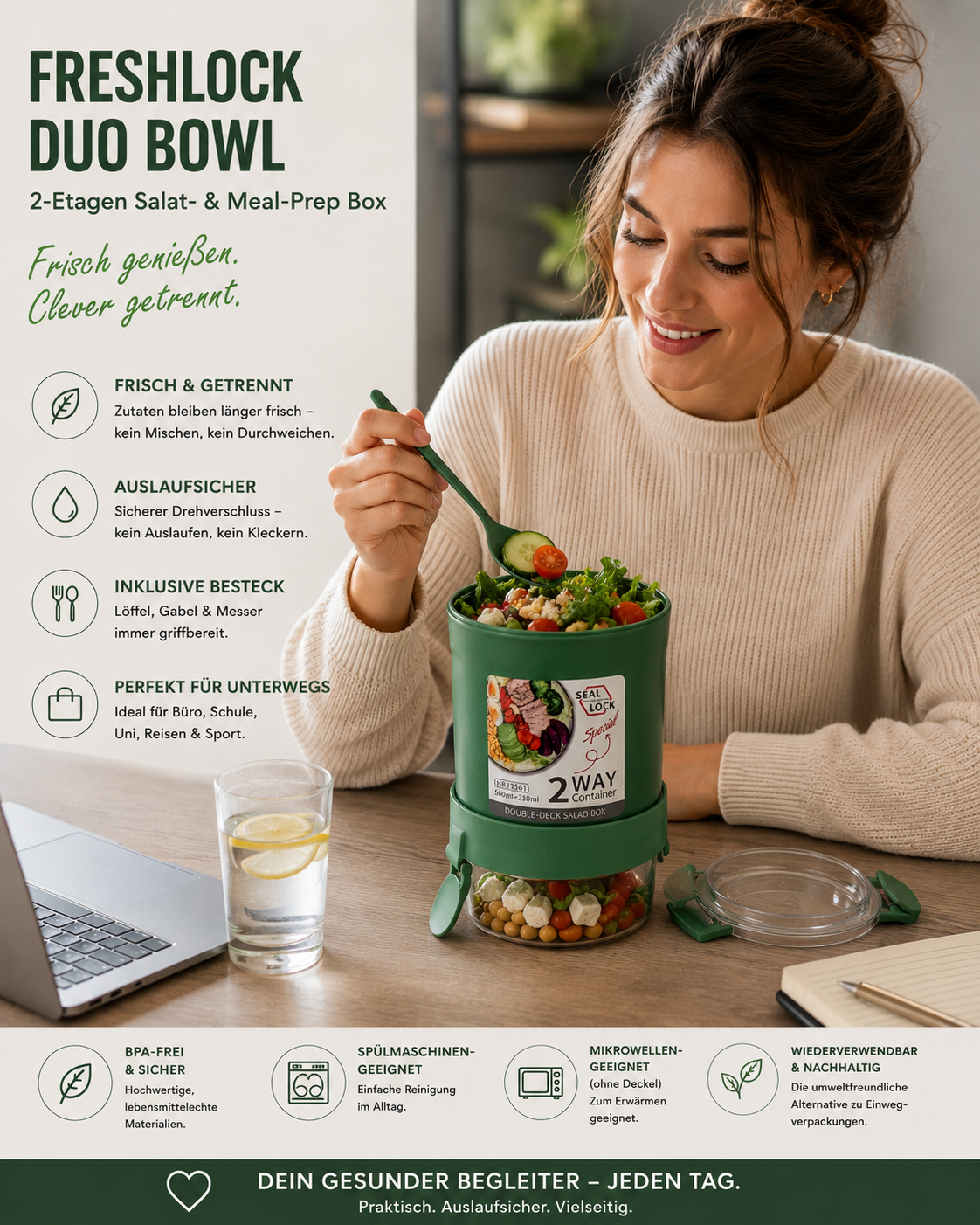 FreshLock Duo Bowl Lunchbox mit 2 Fächern – Auslaufsichere Salatbox mit Besteck, Meal-Prep Box für Büro, Schule & unterwegs, Lunch Bowl mit Drehverschluss und getrennten Ebenen