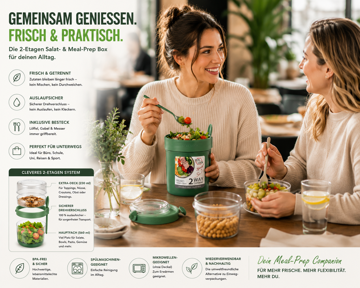 FreshLock Duo Bowl Lunchbox mit 2 Fächern – Auslaufsichere Salatbox mit Besteck, Meal-Prep Box für Büro, Schule & unterwegs, Lunch Bowl mit Drehverschluss und getrennten Ebenen