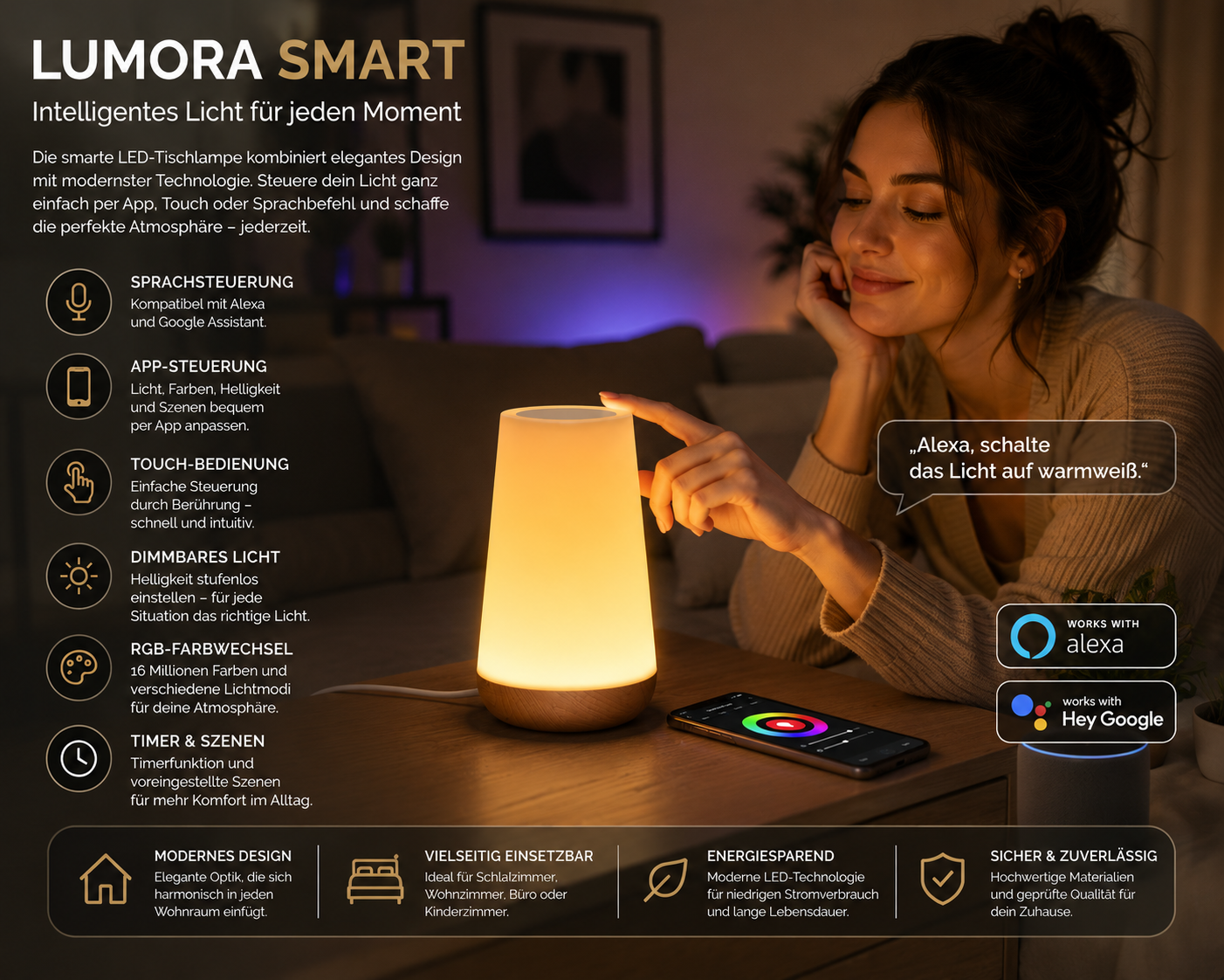LUMORA SMART WLAN Tischlampe mit Alexa & Google Home – Dimmbare LED-Nachttischlampe mit App-Steuerung, RGB-Farben, Touch-Bedienung, Timer und Szenenmodi