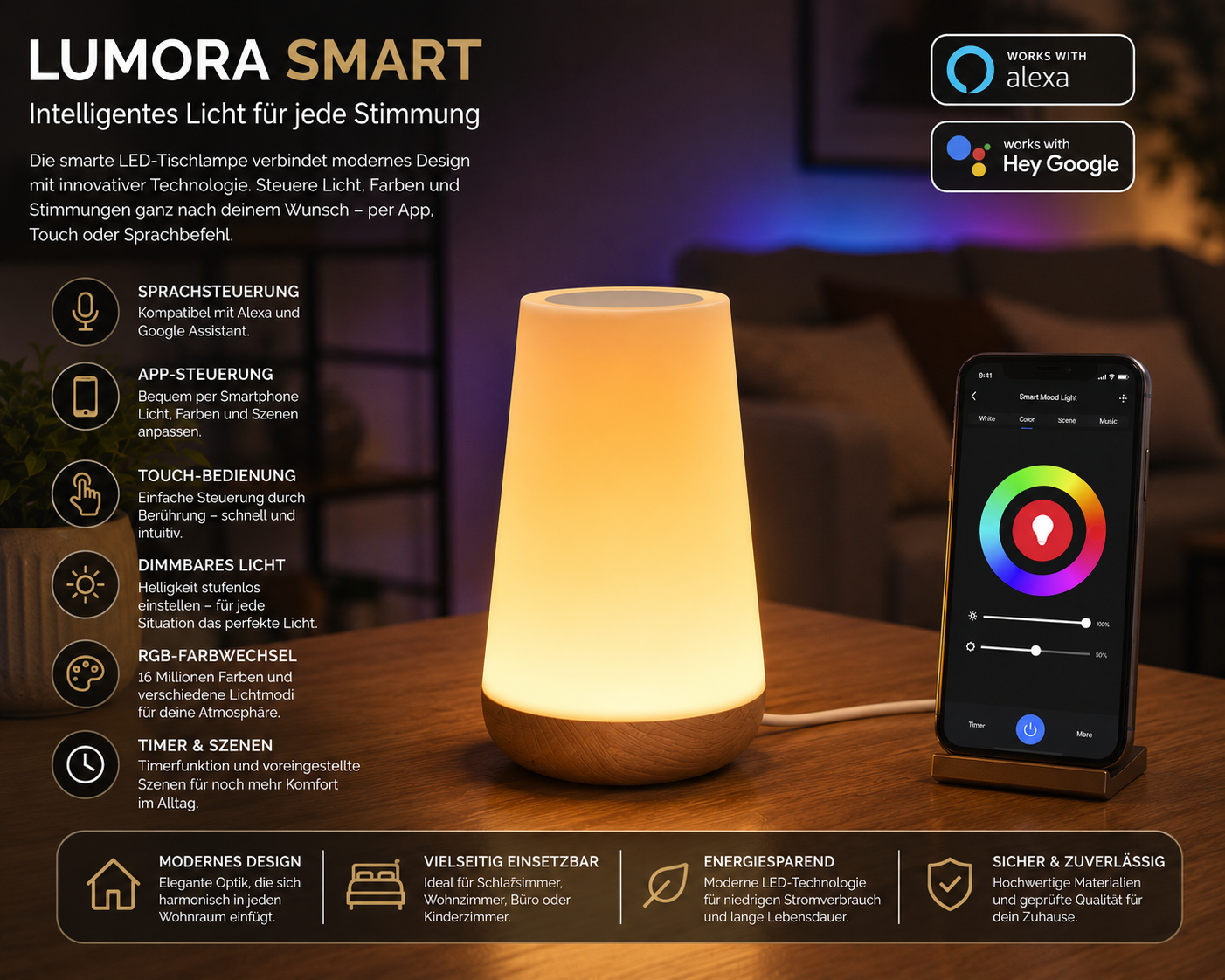 LUMORA SMART WLAN Tischlampe mit Alexa & Google Home – Dimmbare LED-Nachttischlampe mit App-Steuerung, RGB-Farben, Touch-Bedienung, Timer und Szenenmodi