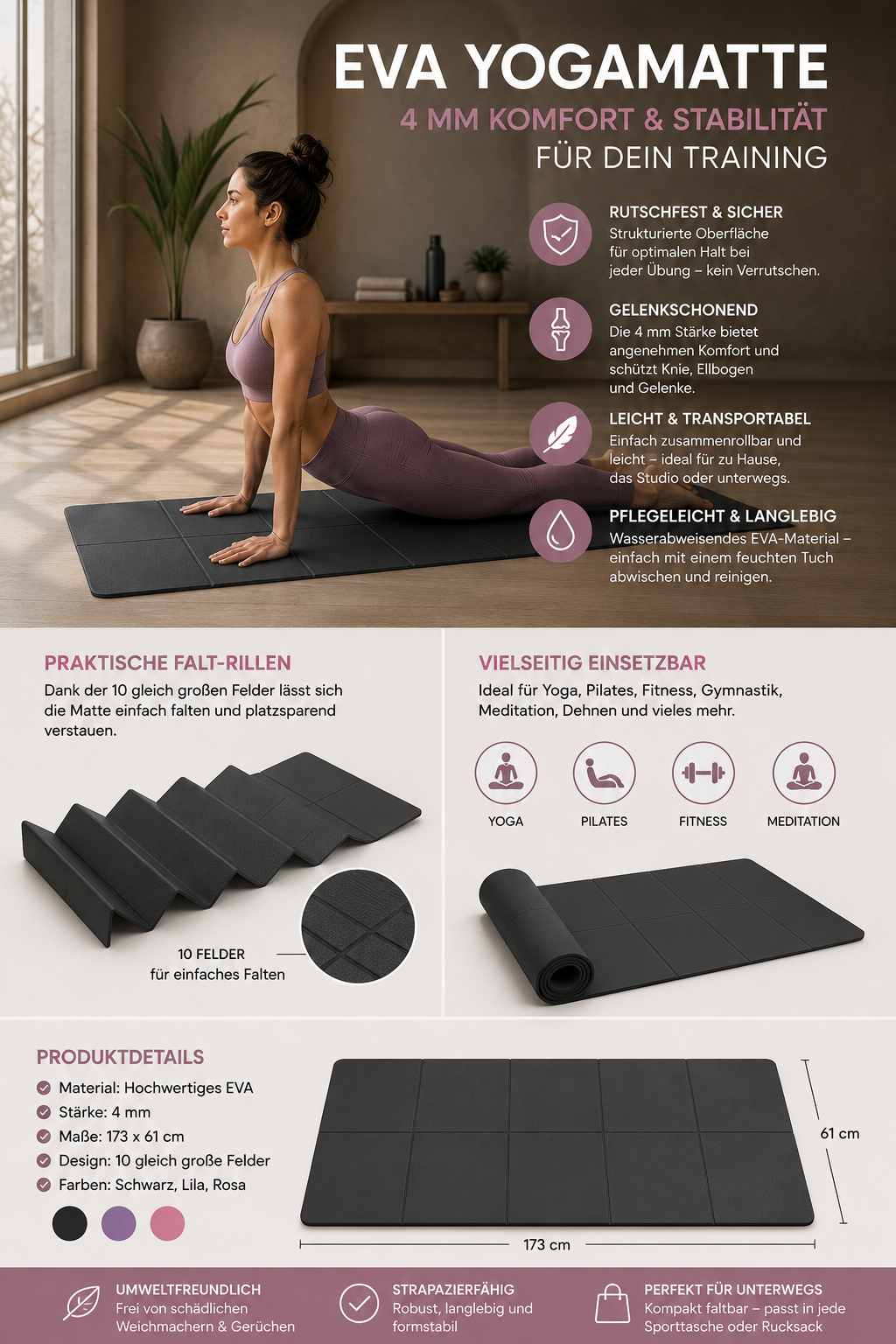 ASCEND 21 Yogamatte EVA 4 mm – Rutschfeste Fitnessmatte für Yoga, Pilates & Gymnastik – Trainingsmatte Schwarz 173 x 61 cm – Leicht, Pflegeleicht & Gelenkschonend