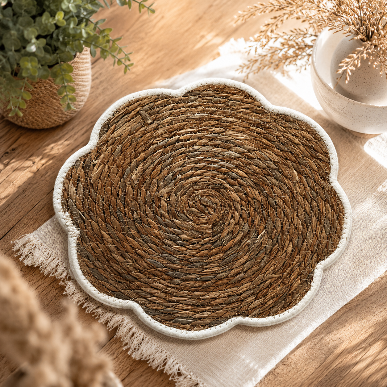 ASCEND 21 Boho Tischset Blume aus Naturfaser – Dekoratives geflochtenes Platzset im Naturdesign für Esstisch, Küche & Wohnaccessoires