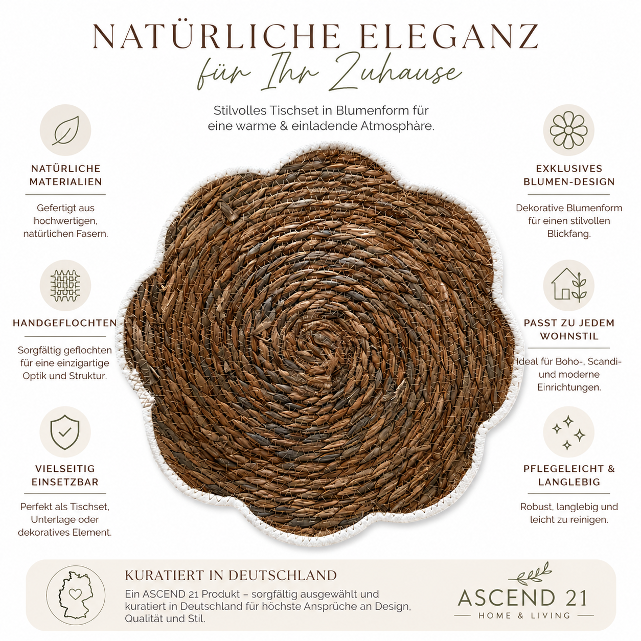 ASCEND 21 Boho Tischset Blume aus Naturfaser – Dekoratives geflochtenes Platzset im Naturdesign für Esstisch, Küche & Wohnaccessoires