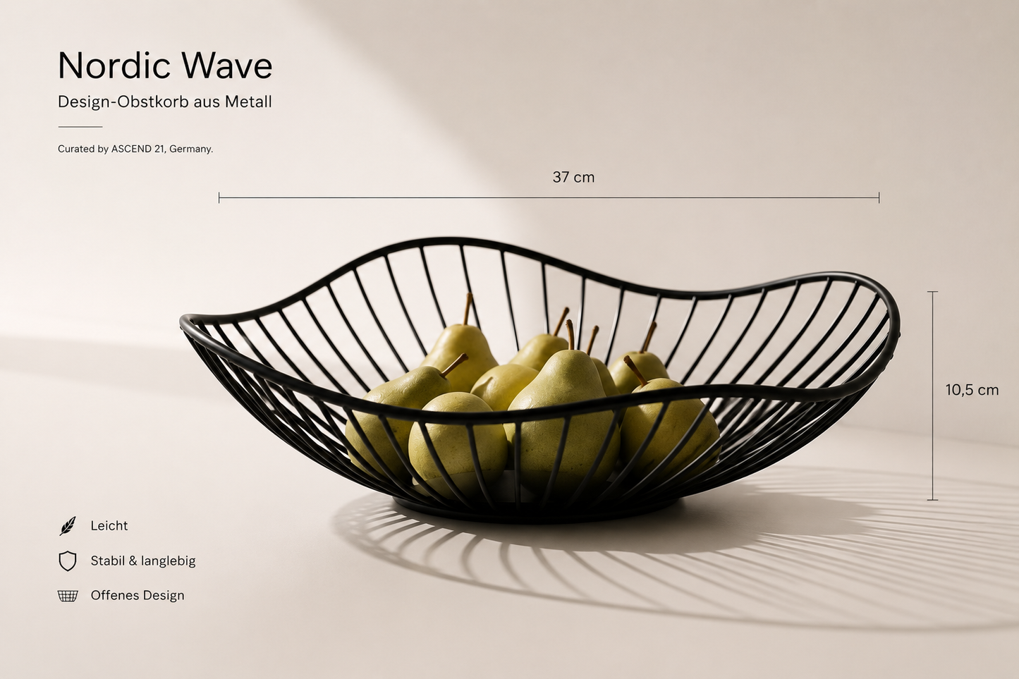 ASCEND 21 Nordic Wave – Design Obstkorb aus Metall – Dekorativer Brotkorb & Obstschale – Moderne Drahtschale in Mattschwarz – Minimalistische Dekoschale für Küche, Esstisch & Wohnzimmer – 37 cm