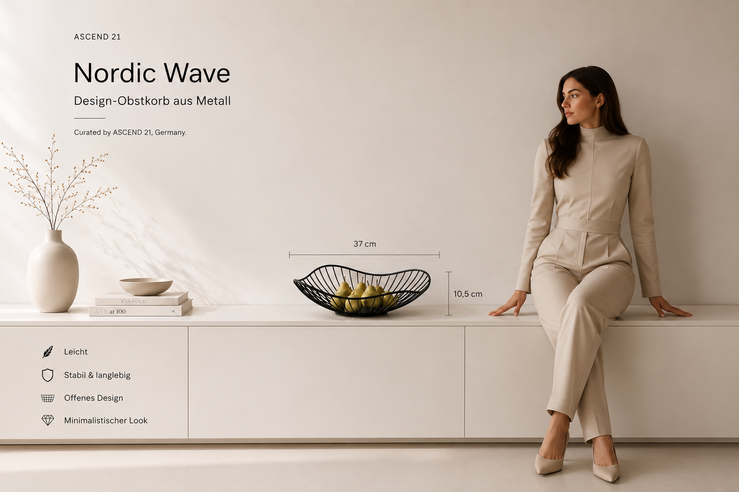 ASCEND 21 Nordic Wave – Design Obstkorb aus Metall – Dekorativer Brotkorb & Obstschale – Moderne Drahtschale in Mattschwarz – Minimalistische Dekoschale für Küche, Esstisch & Wohnzimmer – 37 cm