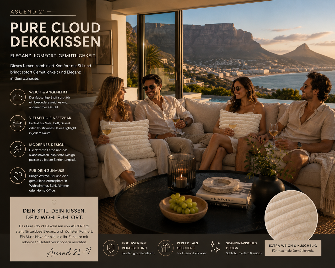 ASCEND 21 Pure Cloud Dekokissen – Weiches Sofakissen im skandinavischen Design – Modernes Zierkissen für Sofa, Bett & Sessel – Elegantes Wohnkissen für Wohnzimmer und Schlafzimmer
