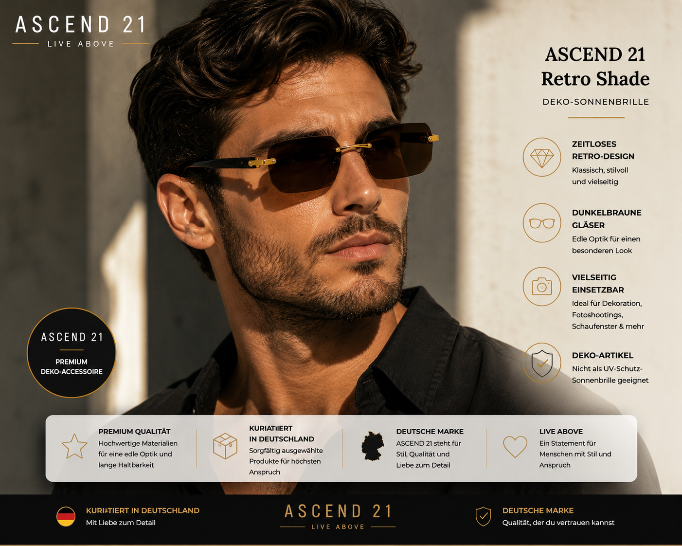 ASCEND 21 Retro Shade Deko-Sonnenbrille – Dunkelbraune Gläser im klassischen Vintage-Design – Stylische Dekobrille für Fotografie, Schaufenster, Requisiten & kreative Raumgestaltung
