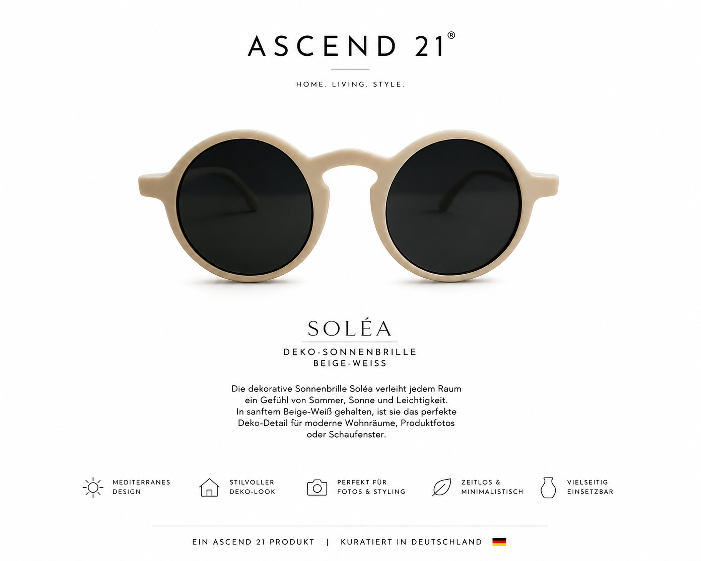 ASCEND 21 Soléa Deko-Sonnenbrille Beige-Weiß – Mediterrane Dekobrille im minimalistischen Design – Stilvolles Wohnaccessoire für Regal, Sideboard, Schaufenster & Fotostyling