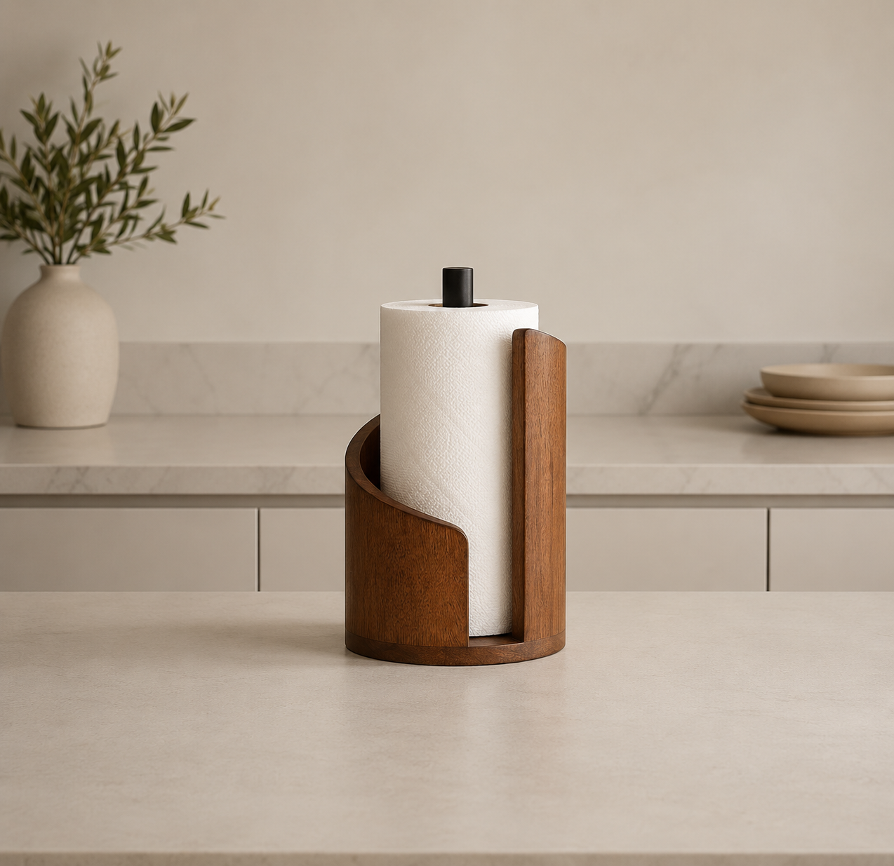 ASCEND 21 Nordic Arc Küchenrollenhalter aus Holz – Moderner Küchenrollenständer mit geschwungenem Design – Freistehender Papierrollenhalter für Arbeitsplatte & Küche – Braun