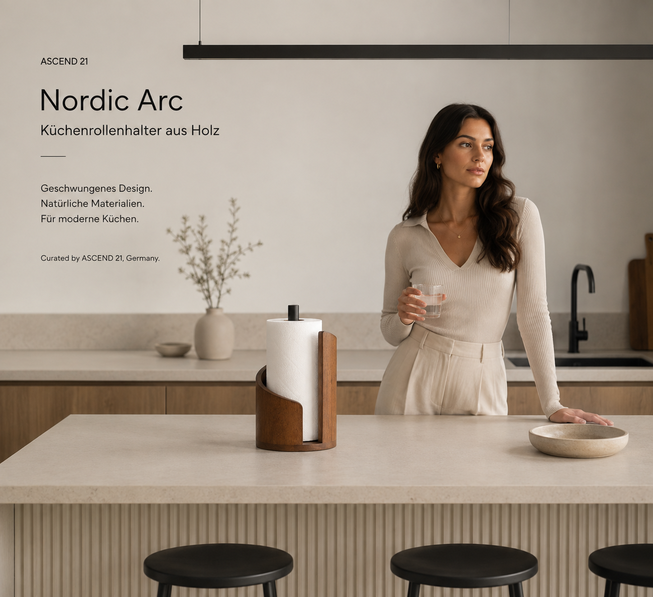 ASCEND 21 Nordic Arc Küchenrollenhalter aus Holz – Moderner Küchenrollenständer mit geschwungenem Design – Freistehender Papierrollenhalter für Arbeitsplatte & Küche – Braun
