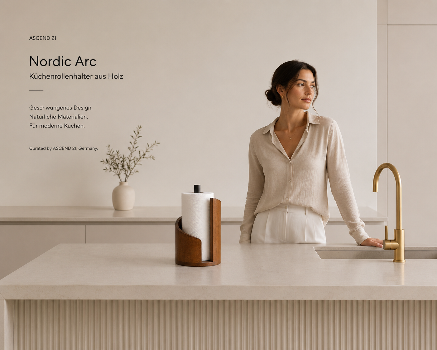 ASCEND 21 Nordic Arc Küchenrollenhalter aus Holz – Moderner Küchenrollenständer mit geschwungenem Design – Freistehender Papierrollenhalter für Arbeitsplatte & Küche – Braun